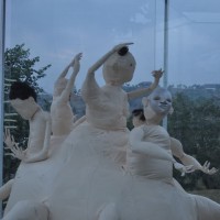 VISION OF A SOCIAL EVOLUTION, 2013, canvas, wire, steel, artificial hair, acrylic paint, filling material, traditional maks, car color spray, glass, aluminium, 400 x 400 x 330 cm